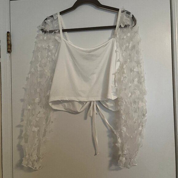 Shein Size 4xl White Crop Top with Mesh Butterfly Sleeves - Picture 3 of 7